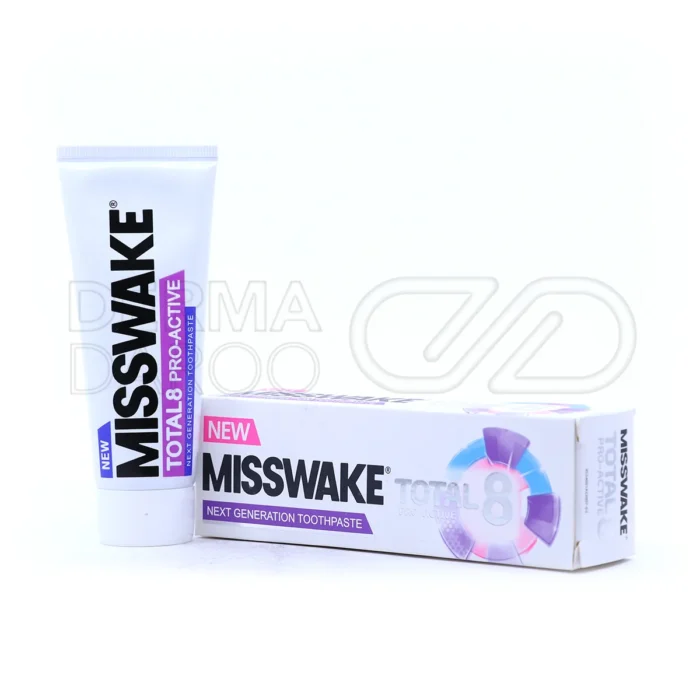 misswake-total8-pro-active-toothpaste (1) بسته بندی خمیر دندان توتال ۸ پرو اکتیو میسویک ۱۰۰ میل حاوی آلانتوئین و فلوراید برای سفید کردن و ترمیم دندان حساس