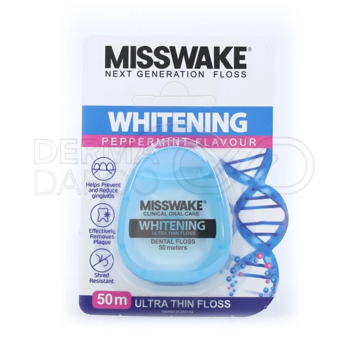 misswake-whitening-ultra-thin-floss (1) بسته بندی نخ دندان سفید کننده میسویک حاوی موم طبیعی زنبور عسل با خاصیت ضد حساسیت و طعم نعنا فلفلی تازه