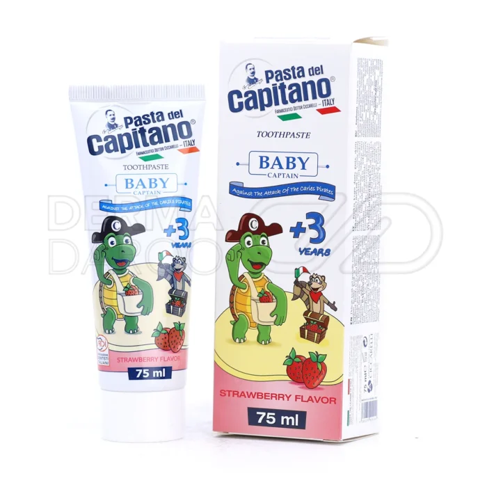 pasta-del-capitano-baby-captain-toothpaste (1) بسته بندی خمیر دندان کودکان بیبی پاستا دل کاپیتانو ۷۵ میل طعم توت فرنگی غنی شده با فلوراید و کلسیم برای دندان شیری