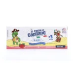 خمیر دندان کودک پاستا دل کاپیتانو طعم توت فرنگی حاوی ۶۰۰ پی پی ام فلوراید و کلسیم گلیسروفسفات برای تقویت مینای دندان شیری و جلوگیری از پوسیدگی