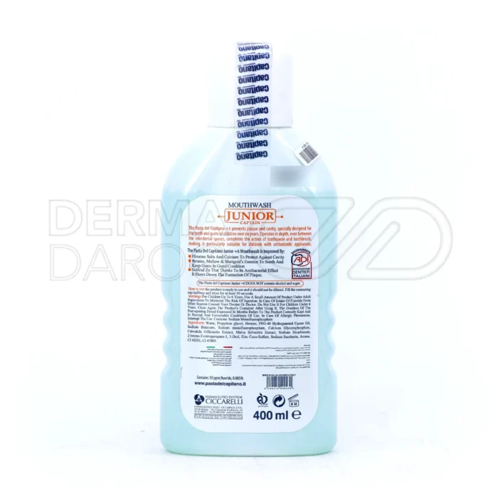 دهان شویه جونیور پاستا دل کاپیتانو بالای ۶ سال حاوی فلوراید و کلسیم برای تقویت مینای دندان شیری و دائمی و جلوگیری کامل از پوسیدگی کودک