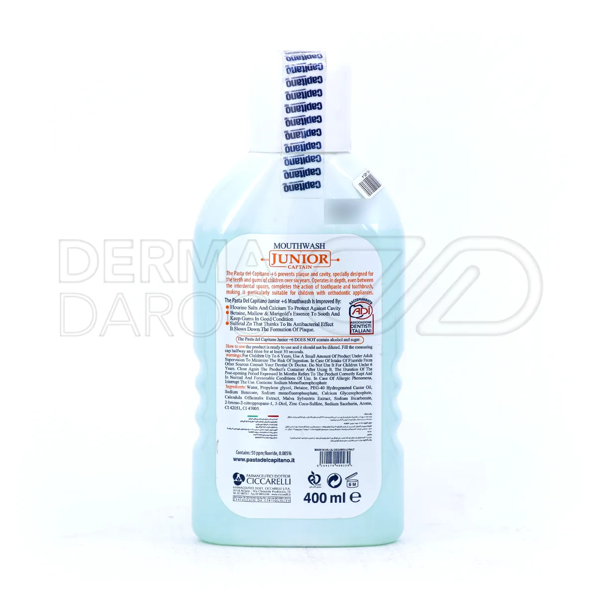 دهان شویه جونیور پاستا دل کاپیتانو بالای ۶ سال حاوی فلوراید و کلسیم برای تقویت مینای دندان شیری و دائمی و جلوگیری کامل از پوسیدگی کودک