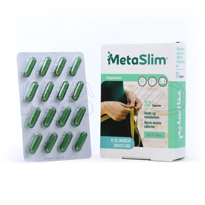 pharmed-salamat-sina-metaslim-capsules (1) بسته بندی کپسول متا اسلیم فارمد سلامت سینا 32 عددی در جعبه سبز و سفید با طراحی مدرن و کپسول های گیاهی برای لاغری