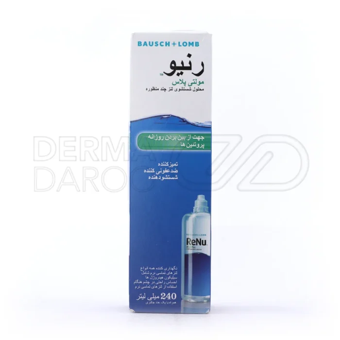 بطری 240 میلی لیتری محلول شستشوی لنز رنیو با طراحی آبی و سفید، مناسب پاکسازی و نگهداری لنز