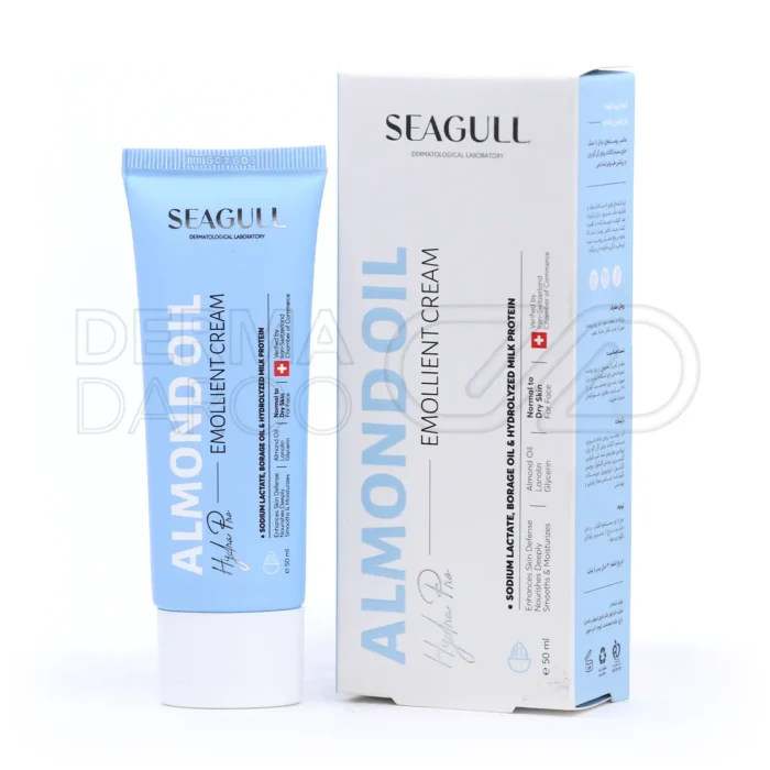 بسته بندی کرم نرم کننده سی گل با روغن بادام در تیوب سفید با طراحی ساده، مناسب برای مرطوب سازی و ترمیم پوست خشک و معمولی