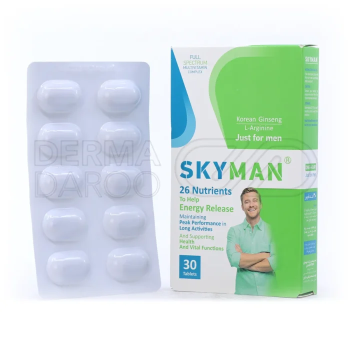 بسته بندی قرص اسکای من در جعبه آبی شیک با 30 قرص مولتی ویتامین حاوی جینسینگ کره ای و ال آرژنین برای سلامت عمومی آقایان