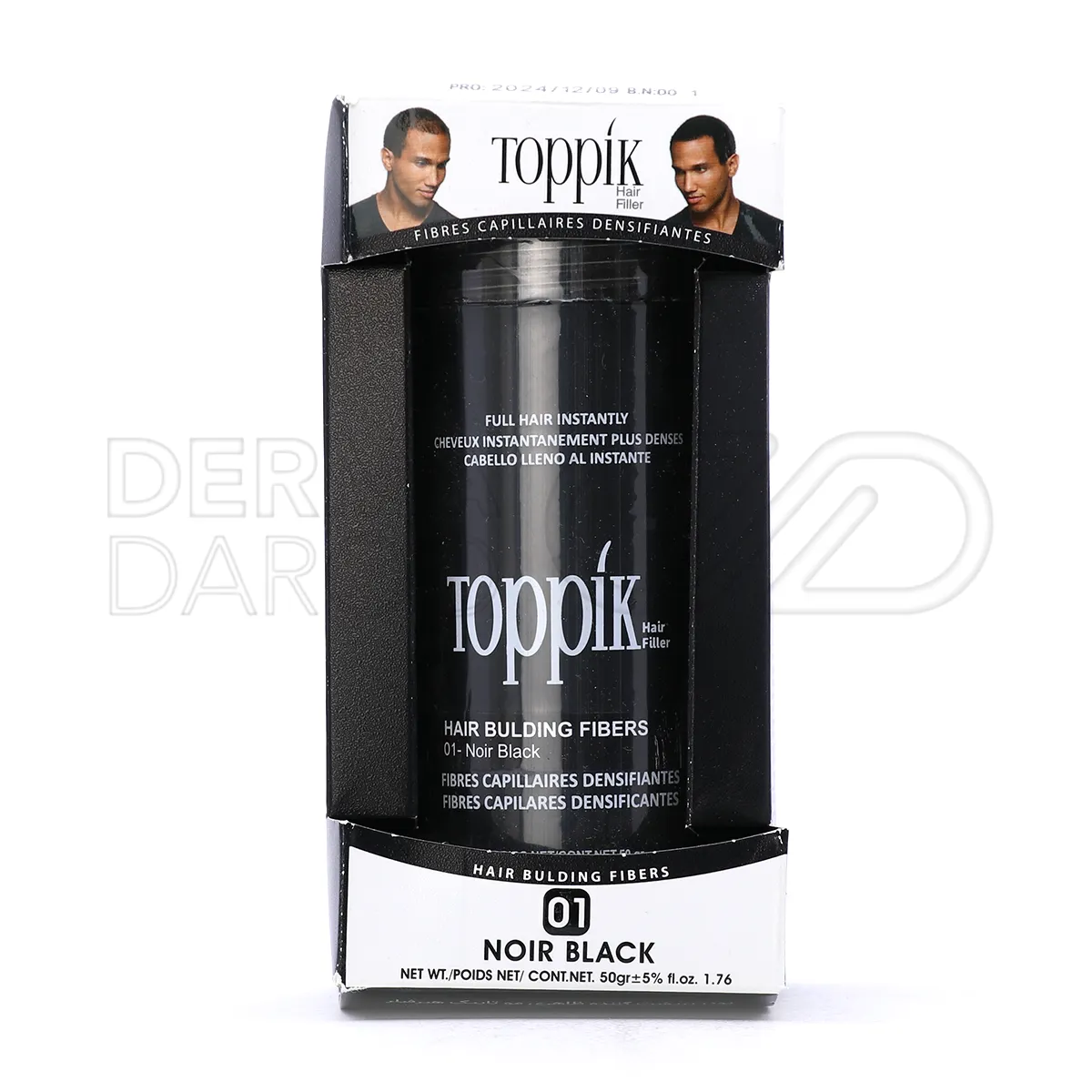 بسته بندی پودر پرپشت کننده مو تاپیک در ظرف مشکی با پودر پاش اورجینال، مناسب برای پر کردن یکنواخت نواحی کم پشت مو