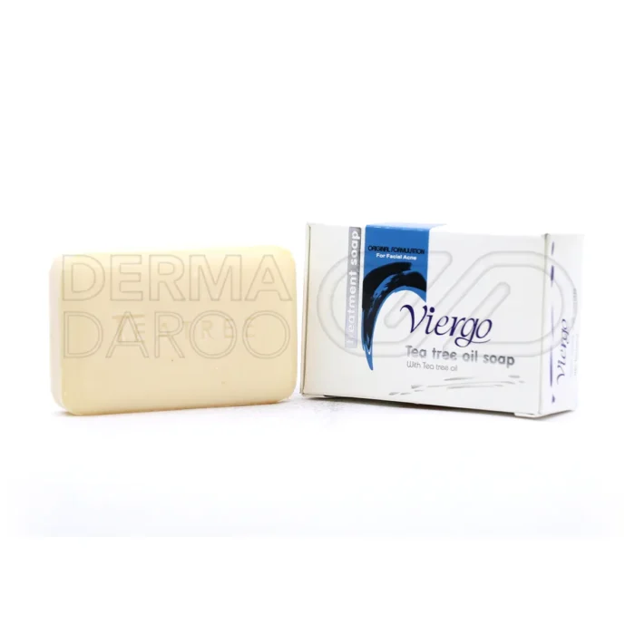 بسته بندی صابون پوست چرب ویرگو با جعبه سبز و طراحی طبیعی، حاوی روغن درخت چای و مواد ضد باکتری برای پاکسازی جوش و چربی