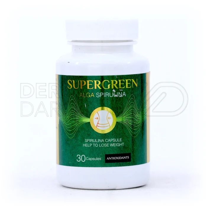 بسته بندی کپسول اسپیرولینا سوپر گرین 30 عددی در جعبه سبز شیک، مکمل لاغری و تقویت سیستم ایمنی با پروتئین گیاهی