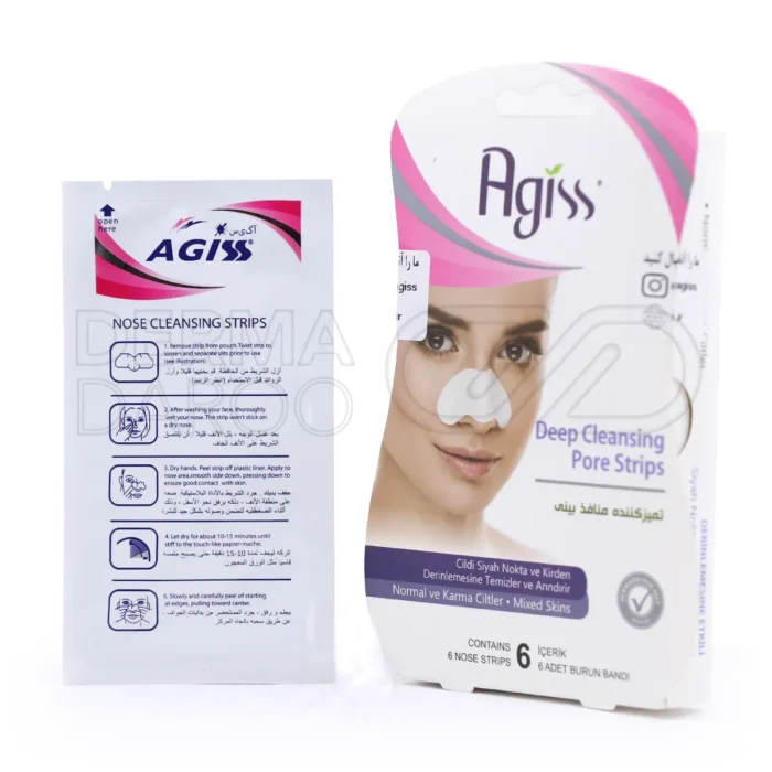 agiss-deep-cleansing-pore-strips (1) بسته بندی چسب تمیز کننده منافذ بینی آگیس حاوی ۶ عدد پد گیاهی برای پاکسازی عمقی جوش سرسیاه و کوچک کردن منافذ باز بینی