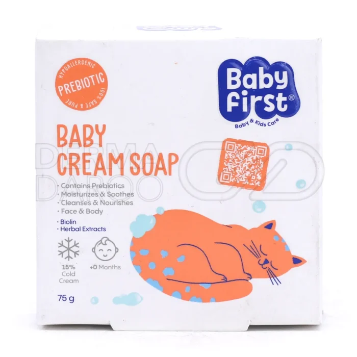 صابون کرمی ملایم بیبی فرست فاقد اسانس مصنوعی و لانولین مناسب شستشوی روزانه صورت و بدن کودکان با پوست حساس