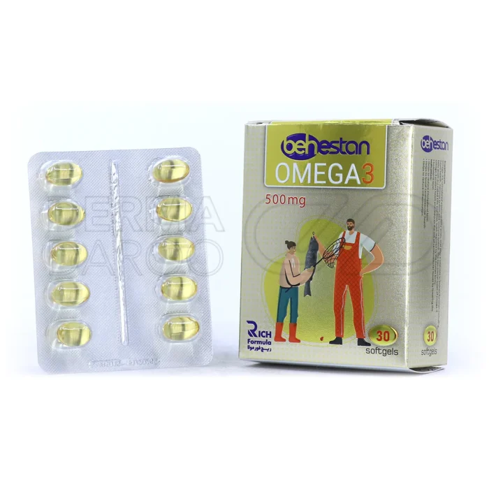 behestan-omega3-500mg-softgels (1) بستهبندی 30 عددی سافت ژل امگا ۳ ریچ فرمولا بهستان ۵۰۰ میلی گرم برای سلامت قلب مغز و کاهش التهاب