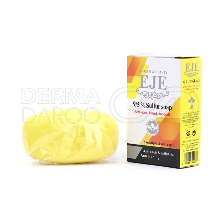 eje-sulfur-soap (1) بسته بندی صابون گوگرد ۹.۵ درصد اژه ۱۰۰ گرم با خاصیت ضد جوش آکنه و لایه برداری پوست