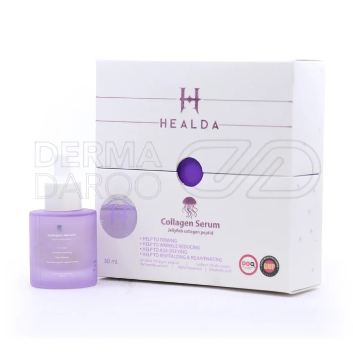 healda-collagen-serum (1) بسته بندی سرم کلاژن هیلدا ۳۰ میلی لیتر با قطره چکان شیشه ای آبی رنگ حاوی کلاژن عروس دریایی و نیاسینامید برای جوانسازی پوست
