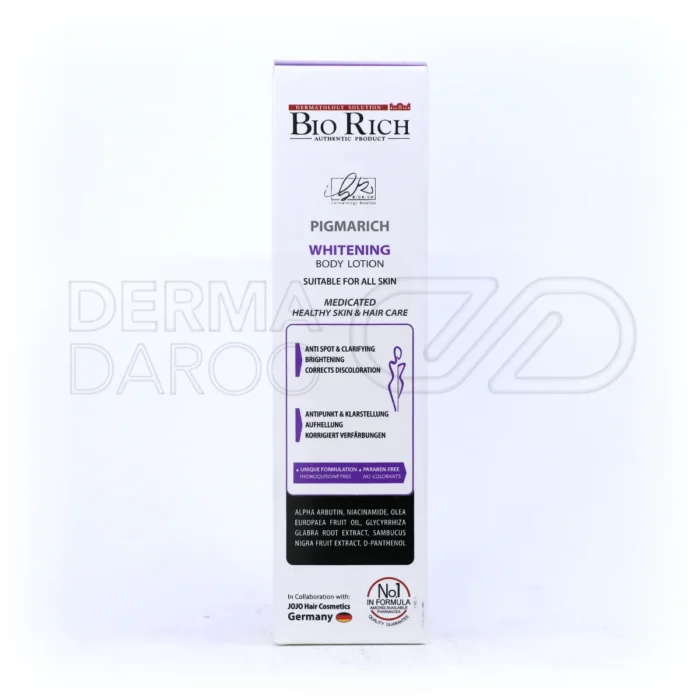 بسته بندی لوسیون روشن کننده بدن پیگماریچ بایوریچ ۲۰۰ میل مناسب نواحی حساس زیربغل کشاله ران آرنج و زانو با ترکیبات طبیعی