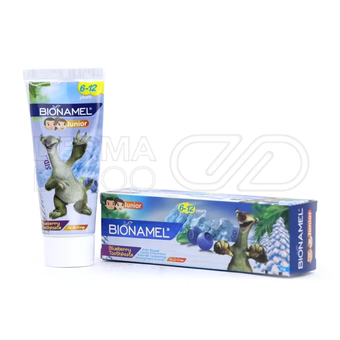 bionamel-junior-toothpaste (1) بسته بندی خمیر دندان کودک بایونمل طعم بلوبری مناسب کودکان ۶ تا ۱۲ سال فاقد فلوراید و مواد شیمیایی آسیب رسان