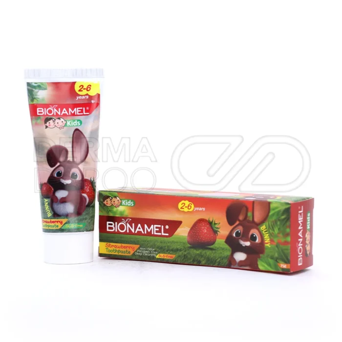 bionamel-kids-toothpaste-2to6-years (1) بسته بندی خمیر دندان کودک بایونمل توت فرنگی با طرح خرگوشی مناسب کودکان ۲ تا ۶ سال فاقد فلوراید و پارابن