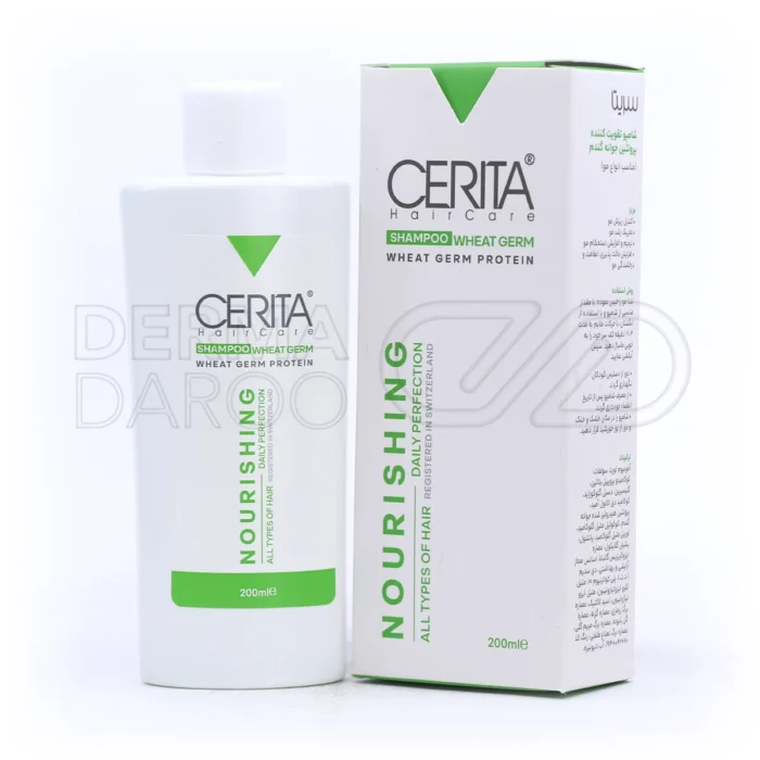 cerita-nourishing-wheat-germ-shampoo-all-hair-types (1) بسته بندی شامپو جوانه گندم سریتا ۲۰۰ میلی لیتر حاوی عصاره پروتئین جوانه گندم و گیاهان دارویی برای ترمیم مو