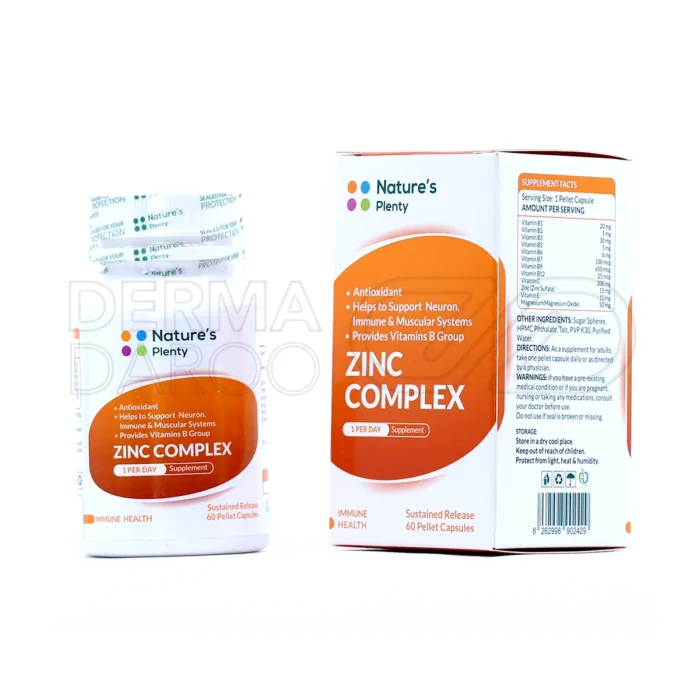 بسته بندی کپسول زینک کمپلکس نیچرز پلنتی ۶۰ عددی حاوی زینک منیزیم ویتامین ث و گروه ب برای تقویت ایمنی و انرژی