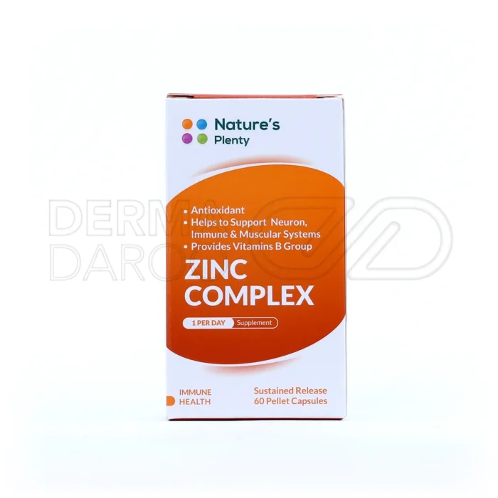 کپسول زینک کمپلکس نیچرز پلنتی حاوی زینک ۱۵ میلی گرم ویتامین ث ۲۰۰ میلی گرم و ویتامین ای برای خاصیت آنتی اکسیدانی قوی و تقویت سیستم ایمنی بدن
