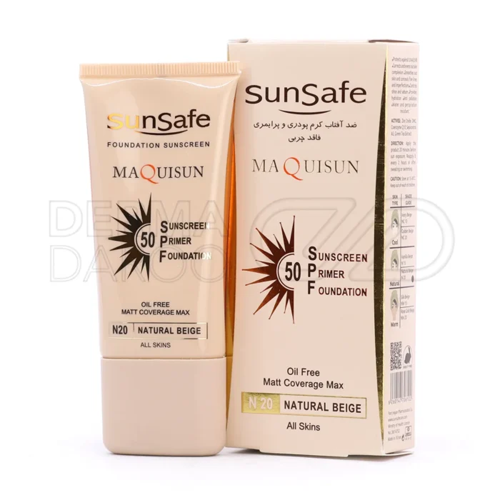 sunsafe-sunscreen-primer-foundation-spf50-natural-beige (1) بسته بندی ضد آفتاب کرم پودری پرایمری SPF50 سان سیف فاقد چربی با پوشش مات و یکدست کننده پوست صورت